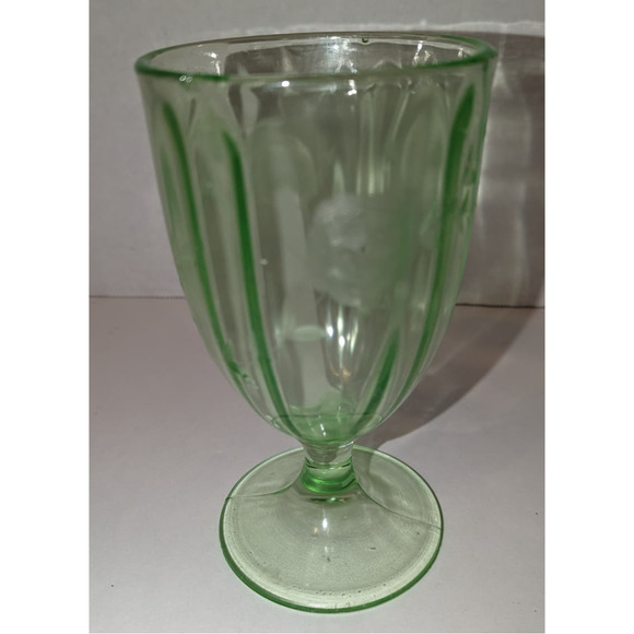 Vintage 7" Uranium Vaseline Glass Water Goblet Etched Flowers Pedestal Flaw - Picture 3 of 9